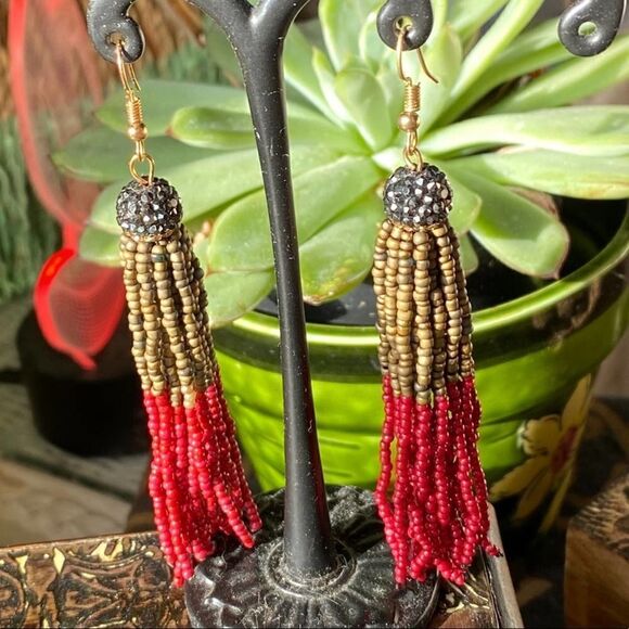 Red And Green Seed Bead Tassel Pave Crystal Earrings - Picture 3 of 7